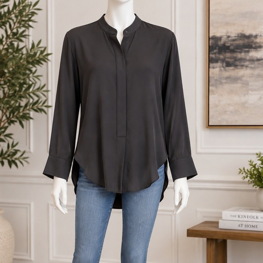 Jenni Kayne Womens Blouse Black Solid 100% Silk Hidden Placket Small